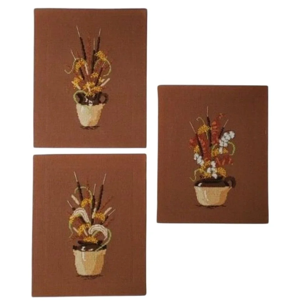 Vintage 1970s Hand Stitched Cross Stitch Needlepoint Wall Art Set of 3 Floral